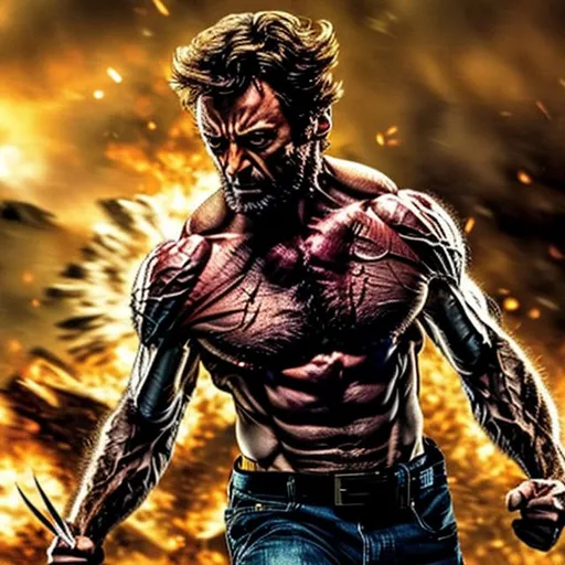 Prompt: Hugh Jackman as Wolverine, walking away from an explosion