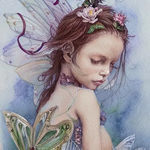 Prompt: study of a flower fairy, illustration, watercolor, alan lee, detailed, pretty, ethereal, realistic, artstation,