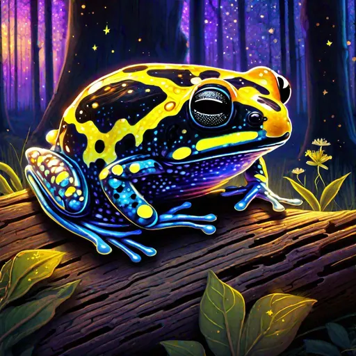 Prompt: portrait of A celestial translucent corroboree frog that is glowing, catching a fly, hiding under a log, in a forest, sunset, beneath the stars, bioluminescent, highres, best quality, concept art