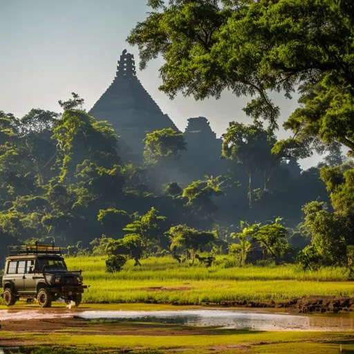 Prompt: jungle adventure in an old 4x4 with an Aztec temple in the background. 