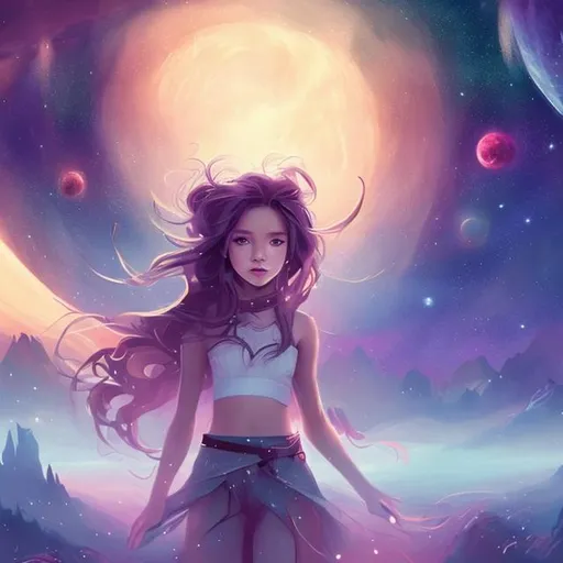 Prompt: 1 girl, standing, long hair, fantasy, space, solo, stars(sky), glory, starry-sky, planet.