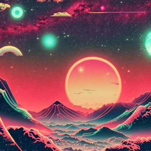Prompt: retro imperial japan, retrowave, neon, synthwave, vaporwave, highly detailed, galaxy sky, cosmos, alien