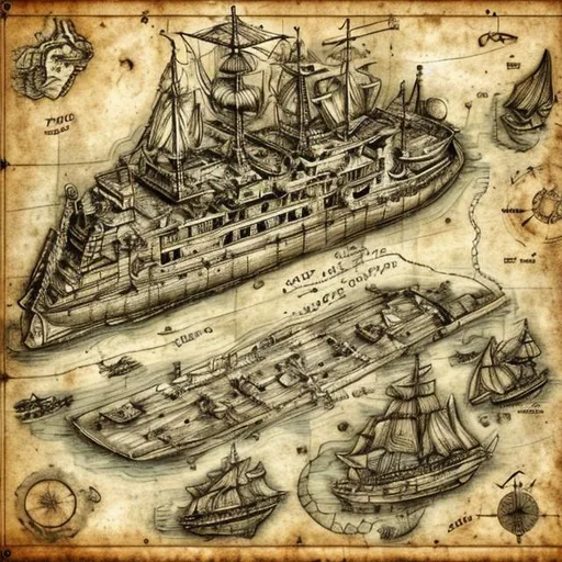 Prompt: A ships schematic that is also a treasure map