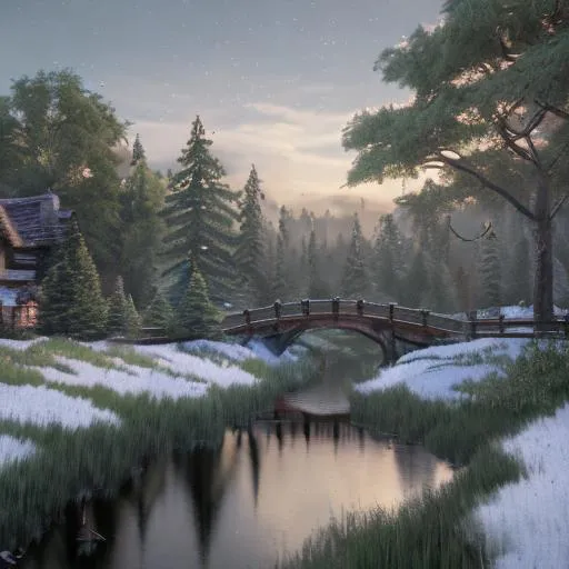 Prompt: Bob Ross style-A snowscape with evergreens and an english cottage , a small pond with a small foot 
bridge and geese