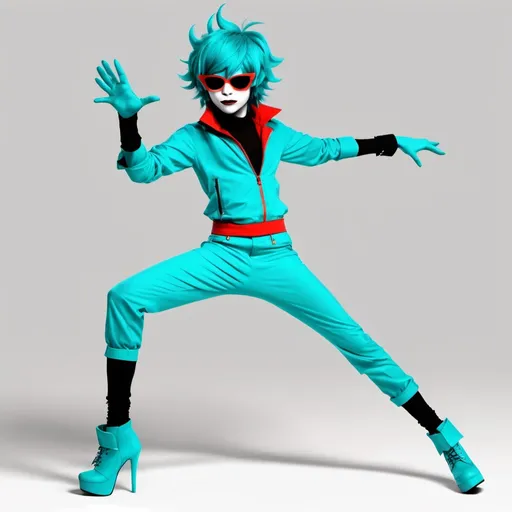 Prompt: Homestuck. Terezi Pyrope. Fullbody view, plain background. Drag makeup, high quality render. Rupaul's drag race. Full view. Teal, full body photo