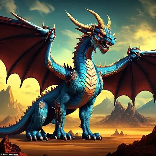 Prompt: a dragon beast with demon wings, wings appear symmetric and even to the creature's height, the dragon is a gorgeous blue, dragons fly above in the vast sky, the surroundings are harsh and dry with mountains in the distance, fiery hellscape, 