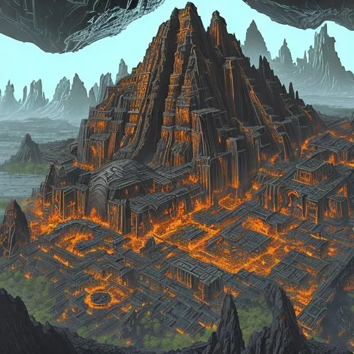 Prompt: cities built into the sides of towering volcanic mountains and cliffs, with elaborate networks of tunnels and caverns. The architecture features robust and angular structures made of heat-resistant alloys, with buildings often carved directly into the volcanic rock. Futuristic, authoritharian, dark and red
