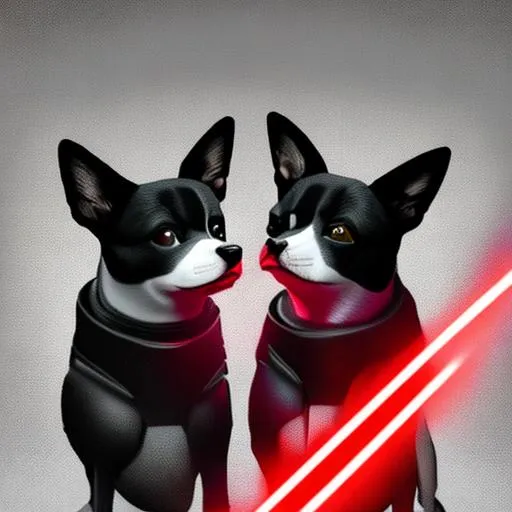 Prompt: Two Black and White Chihuahuas Dogs in a Starwars Universe, With Light Saber , Death Star , Lasers, Red Galaxy Background , cinematic lighting Art Style, high resolution , Poster 