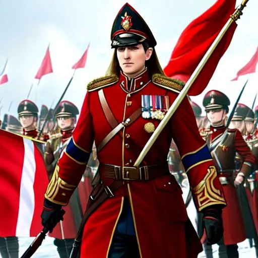 Prompt: An Elven soldier wearing a red and white world war 1 style russian general's uniform, wielding a sword in his right hand and carrying a red and white flag with his left hand, leading an army of world war 1 style soldiers.