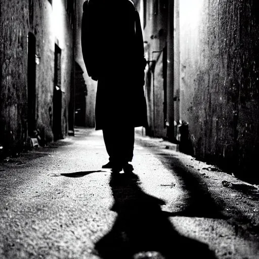 Prompt: Black and white film noir detective in a dark alley with bullet wound