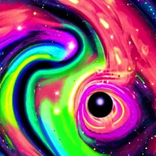 Prompt: 2 galaxies colliding with a black hole, neon colors, swirly, dark, humanoid