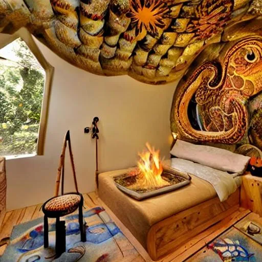 Prompt: inside a snail shell house , with bed and fire place. magical designs and mystical art on the walls