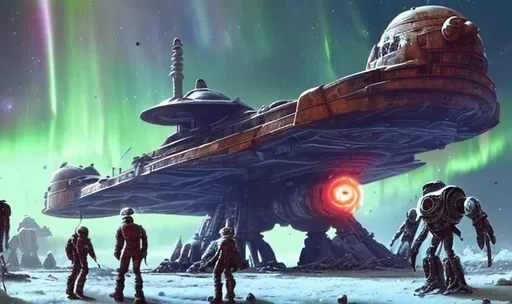 Prompt: ancient huge old rusty spaceship getting repaired  by robots ice planet sparks fire welding people working aurora many colours   guard drinking milk enhance detail turret on spaceship real soldier thin landing gears symmetrical ship laser warzone dead body's on ground ships exploding in sky thicker spaceship