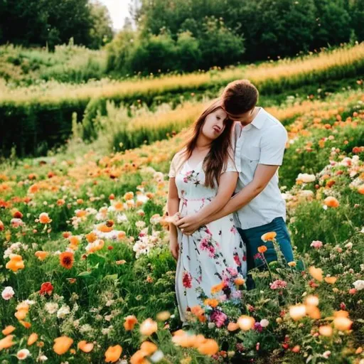 Prompt: flowery fields and couples in love and nature