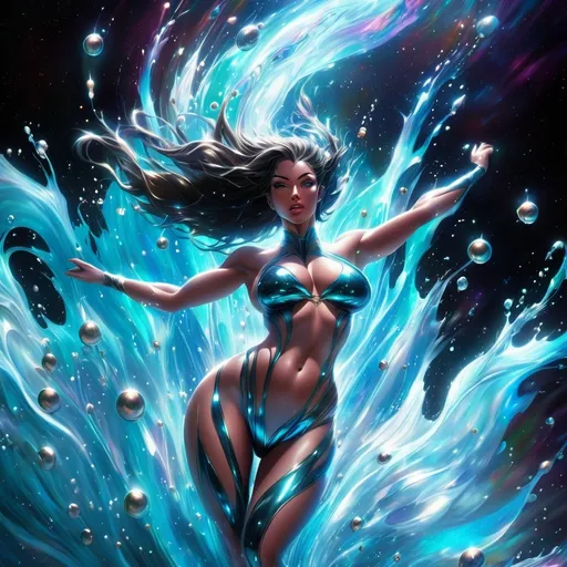 Prompt: A gorgeous ultra-muscular goddess swimming in a lake of liquid Mercury in outer space 