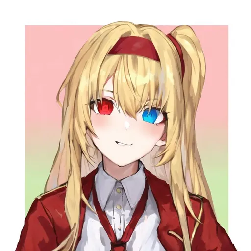 Prompt: Portrait of a cute girl with long, blonde hair and heterochromia wearing a red headband, white shirt, and red jacket 