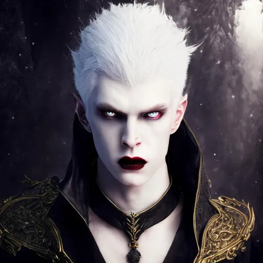 Prompt: A handsome vampire prince, sad expression, albino, pale white skin, glossy lips, tears coming from eyes, ornate jewelry, glowing eyes, highly detailed full body ,just one head, short black hair,  fully dressed, dark background with stars, epic composition, ultra wide-shot, dynamic pose, concept art, dramatic lighting, digital painting, smooth, character design, ((sharp focus))