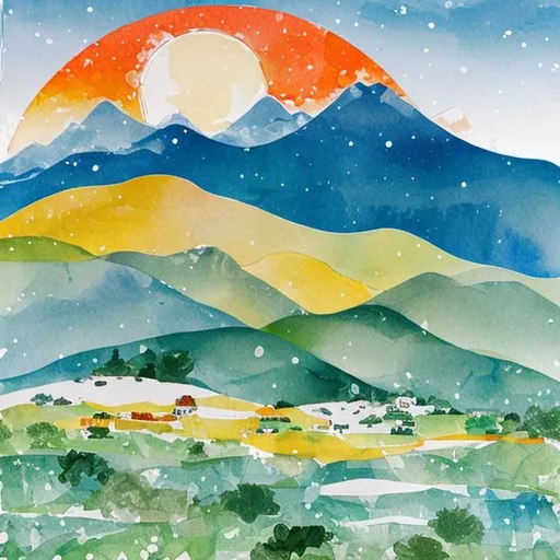 Prompt: A snowy mountain and happy sun and a bright blue sky and green fields and a small calico cat somewhere in the image. Created to look like a water-color painting.