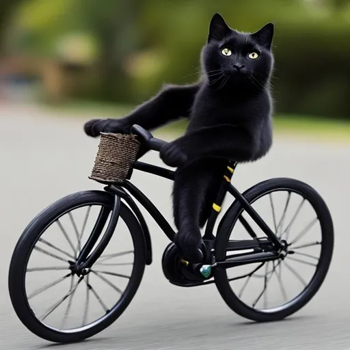 Prompt: a black cat driving a bike