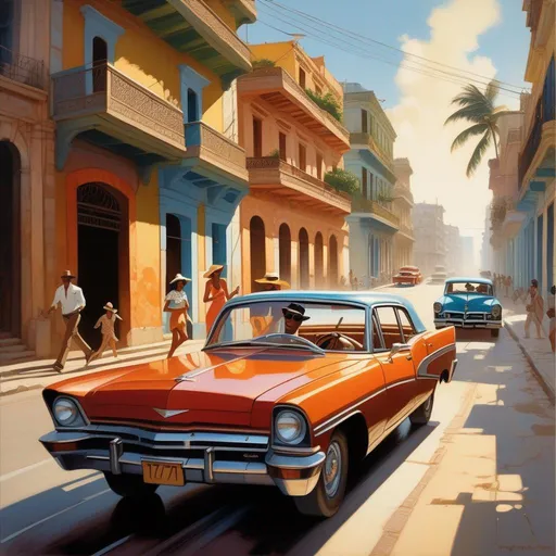 Prompt: 1970s, Havana, car chase, sunny weather, warm atmosphere, cartoony style, extremely detailed painting by Greg Rutkowski and by Henry Justice Ford and by Steve Henderson