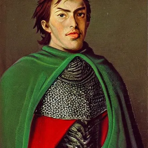 Prompt: portrait of a young man, chainmail armor, spear, green cape, very detailed 