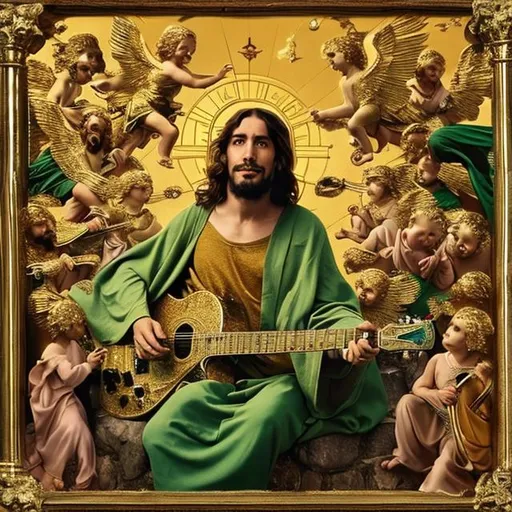 Prompt: that guy dressed like jesus, on the corner, playing an eight-necked guitar, surrounded by flying cherubs, all in gold encrusted with emeralds