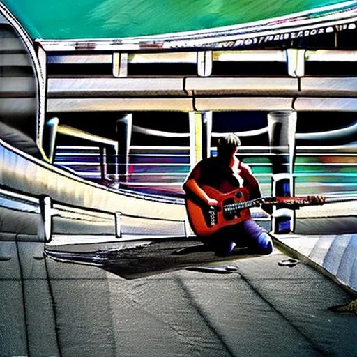 Prompt: A man playing guitar under a bridge in a big city setting in love with himself and the universe while music 🎶🎶🎶 play next to his guitar abstract art realistic image realism detailed 