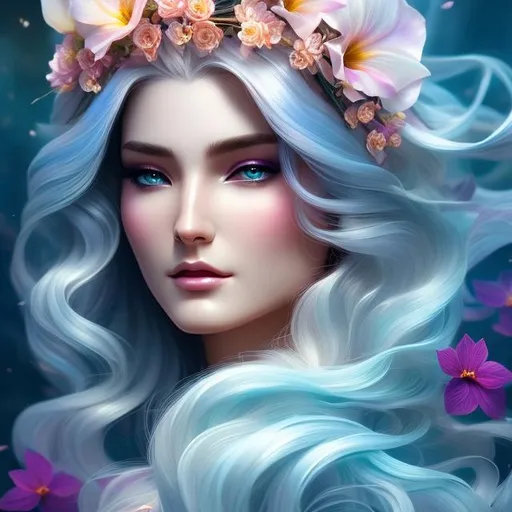 Prompt: morning glory flower cyborg princess with blonde flowing hair wearing a crown with multiple morning glory flowers around it, 8k resolution, A Masterpiece, Art station, Great Composition, Covered In Flowers, full body portrait, insanely detailed, outside, ambient lighting, hyper realistic, beautiful symmetrical face, fantasy, regal,