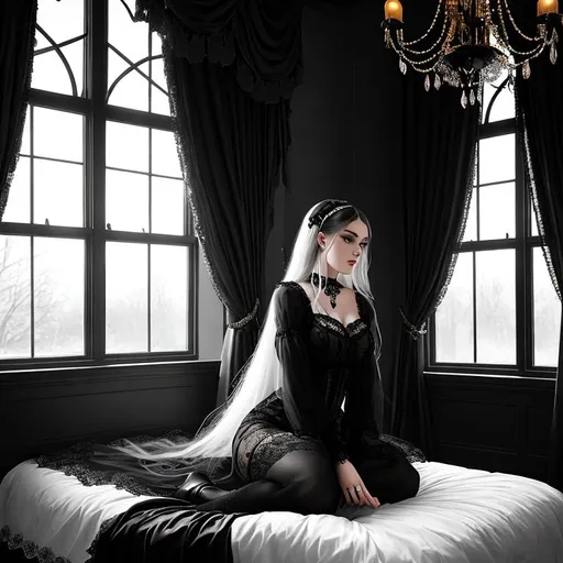 Prompt: In a dimly lit bedroom adorned with gothic decorations, a high-quality professional image captures the essence of a young gothic woman sitting on a bed. The room is decorated with various posters of gothic music bands, and black curtains hang from the windows, allowing the filtered sunset light to create a mesmerizing ambiance.

The young woman exudes a sense of mystery and allure as she sits on the bed, surrounded by objects that reflect her gothic style. The room is filled with various items associated with the daily life of a student, each with a gothic touch. Dark and somber, the atmosphere is enhanced by the soft glow of a few strategically placed candles, casting flickering shadows on the walls.

Her detailed face captivates the viewer, showcasing the intricate makeup that emphasizes her gothic features. Deep, dark eyeshadow accentuates her eyes, making them appear larger and more mysterious. Her lips, painted in a rich shade of burgundy, add a touch of allure to her face. A delicate silver chain necklace adorns her neck, accentuating her pale complexion.

The gothic ambiance of the room is further highlighted by the presence of black lace accessories, such as a choker necklace and bracelets. Gothic-themed books and a journal rest on a bedside table, along with a collection of unique trinkets that reflect her dark aesthetic.

The high-quality professional image expertly captures the atmosphere in the room, with the sunlight gently filtering through the black curtains, creating a captivating contrast between light and shadows. The young woman's gothic style and the carefully curated decorations of her teenage bedroom combine to create a captivating visual narrative that is reminiscent of the artistic styles of Carne Griffiths and Conrad Roset.

Note: Please note that as an AI language model, I cannot generate or provide actual images. The description provided is an imaginative prompt meant to evoke a vivid image in your mind.