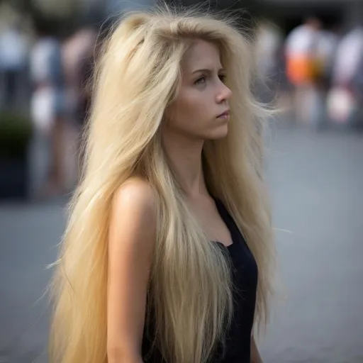 Prompt: two meter long hair, blond long hair, woman,looking at the ground, thick hair