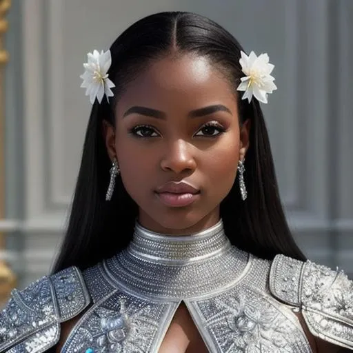 Prompt: ((best quality)), ((masterpiece)), (((photorealistic))), ((hyperrealistic)), magnificent art realistic photography style, beautiful ebony woman detailed hair, ((full body)), brunette, (hyper detailed dress of ice flowers with full armor), complex, detailed cgi, divine ratio, symmetry, (detailed skin), detailed symmetric circular iris, ((perfect face)), (((intricate facial details))), character concept, dynamic pose, dark effect, steampunk medieval castle, background hyper detailed, 8 life size, 8K resolution, canon, (((eye level))), (((nose level))), scenic, masterpiece