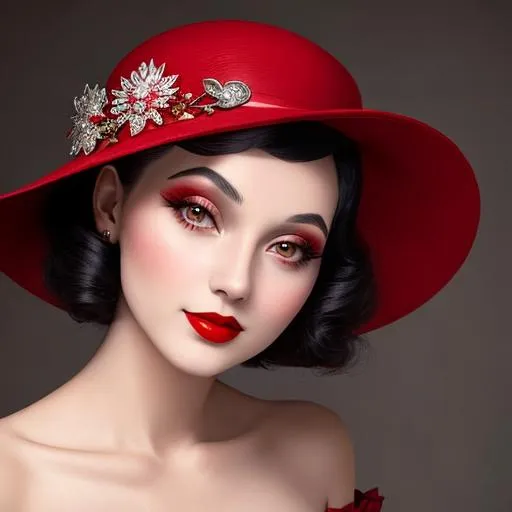 Prompt: a pretty girl  dressed in red, wearing a  large red hat 1920's era, bob hair cut, 1950's era makeup, facial closeup