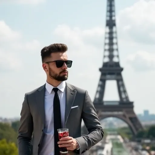 Prompt: A handsome boy is wearing gray suit, black tie, white shirt, black shoes and sunglasses.
He is 18 years old. He has some beard.
He is across from Eiffel tower. He has a glass of coke in his hand.