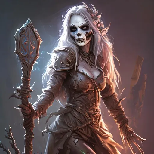 Prompt: Full body splash art of a sweet, youthful, female undead zombie sorceress, skull nose, very long light brown hair, wearing long light-colored iridescent robe, carrying a wooden staff, D&D, dnd, fantasy, highly detailed, sharp focus, digital painting, artstation, 4k, 8k