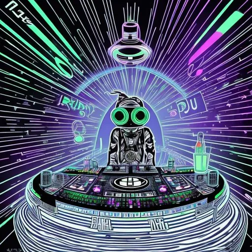 Prompt: draw my name: "DJ 808" with lazers and ufos in the background



