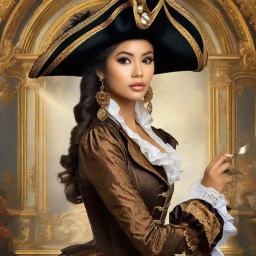 Prompt: pretty young Indonesian woman, 25 year old, (round face, high cheekbones, almond-shaped brown eyes, small delicate nose), (pirate costume), posing for a picture, active pose, flemish Baroque by Alexander Kucharsky, trending on cg society, rococo, steampunk, rococo, enchanting, masterpiece, intricate detail