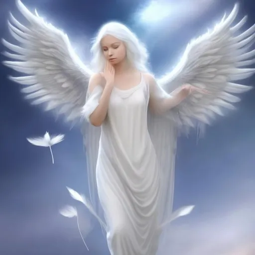 Prompt: a female angel with white wings with one feather missing
