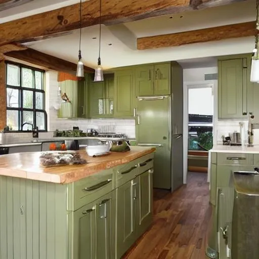 Olive Green Kitchen with wood counter Top