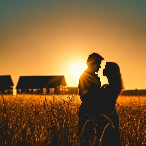 Prompt: silhouette of a young man and woman laying in each others arms with a golden sun setting in the distance. scenic farm land; tall grass; animated; cartoon; realism; more farm; make this look better