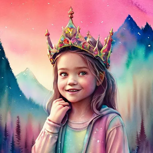 Prompt: high definition image, watercolor style, little girl wearing a crown, pinkish neon glow, happy, {character} with {color} letters and images, mountains, {background}, perfect composition, hyper realistic, super detailed, 8k, high quality, fine art, sharp, studio shot, intricate details, highly detailed, {background}, perfect composition, hyper realistic, super detailed, 8k, high quality, trending art, art station trends, sharp focus, studio shot, intricate details, highly detailed