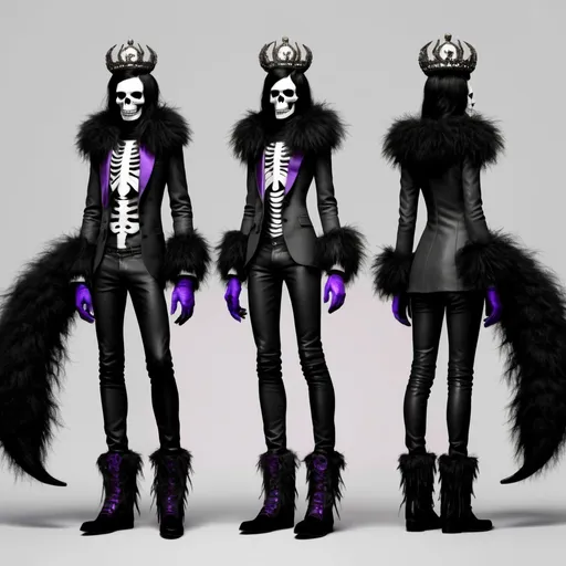 Prompt: Homestuck. Kurloz Makara. Fullbody view, plain background. Met gala, high quality render. High fashion. gray skin. Dark Carnival. Big fluffy black hair. Purple accents. Bones. Skull makeup. Fur lined boots