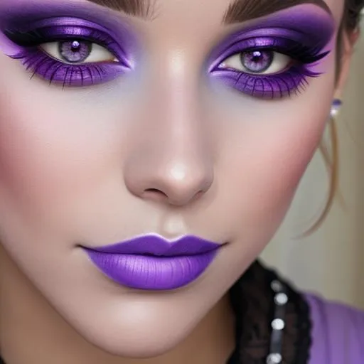 Prompt: A woman all in purple, pretty makeup