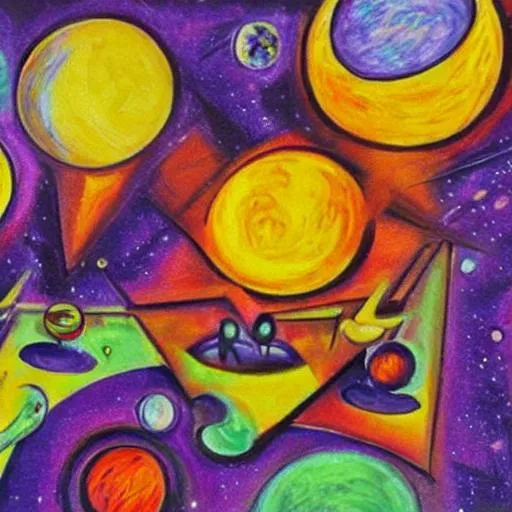 Prompt: An abstract cubism realistic painting of extraterrestrial aliens from all over the galaxy on a purple planet with three Suns above them and 6 moons The weird colorful aliens are all smoking and drinking playing golf. The golf course is the other planets around them.