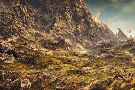 Prompt: cinematic composition, hyper realistic, highly detailed, concept art, dynamic range, depth of field,  mountain range that is split by a wide pass through the mountains
