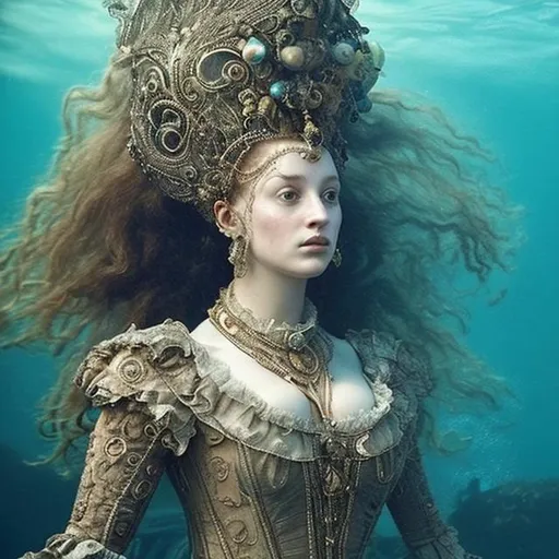 Prompt: woman in 16th century dress underwater.  hair, elaborate hair, fabric, lace, bubbles. jewels, queen.  deep water.