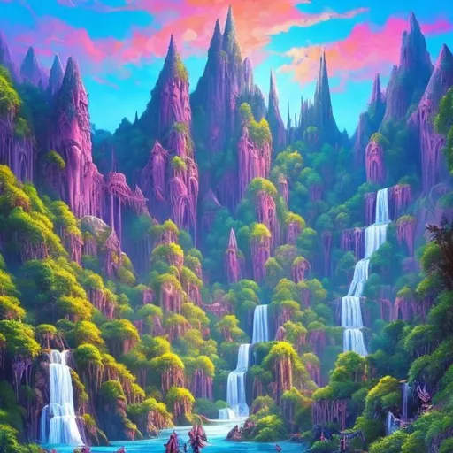Prompt: Paint a bright fantasy style hillside with large waterfalls stretching into the sky and large spires