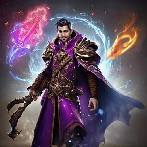 Prompt: Create an image of a fantasy A boisterous and flamboyant wizard. get inspired by Khadgar, a character in world of warcraft
