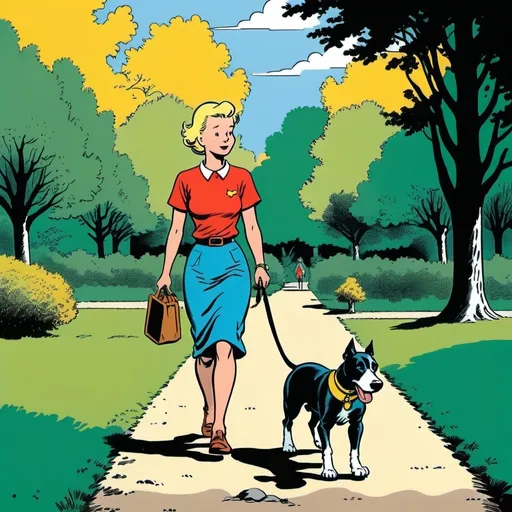 Prompt: woman walking with her dog in a park, 2d comic book panel, in the style of Tintin by Hergé