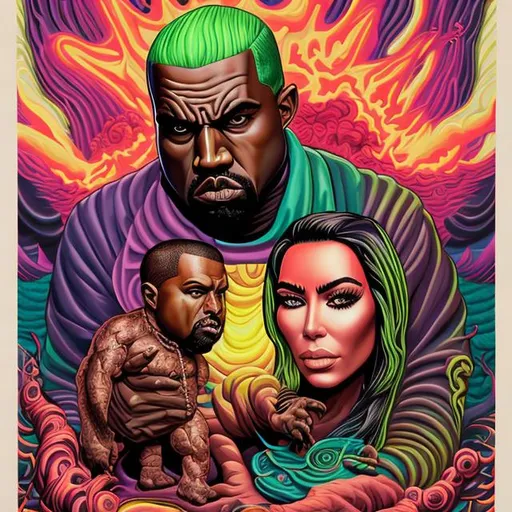 Prompt: Hypnotic distorded illustration of angry and mean monster kanye west holding kim Kardashian head in NYC, hypnotic psychedelic art, pop surrealism, dark glow bright paint, mystical, Behance