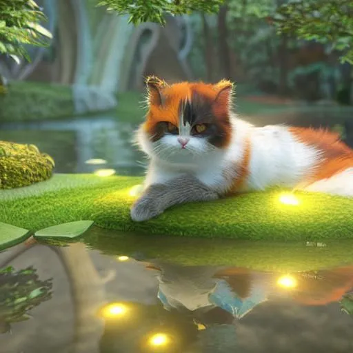 Prompt: a photo of a cute calico cat lying by a glowing magical pond filled with a magical liquid, dark forest scene, octane render, hyperrealistic, ultrarealistic, 8k, artstation